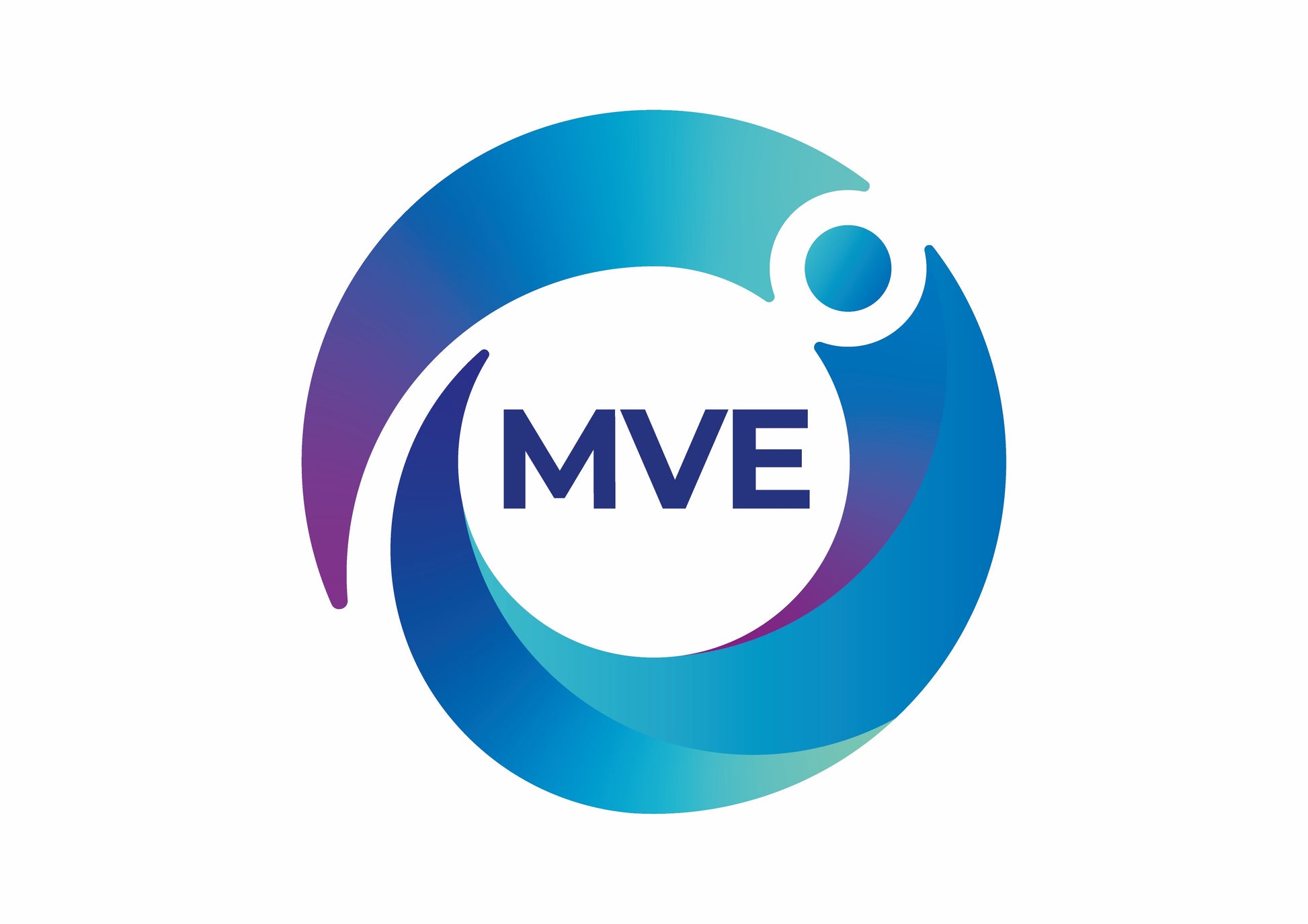 A blue and purple circular swirl with MVE in bold dark blue at the center, symbolizing Chart/MVE vapor shipper tech. A small circle is near the top right. For product: MVE SC 4/2V or 4/3V with Mushroom, holding 280 or 120 straws. Three-year warranty.