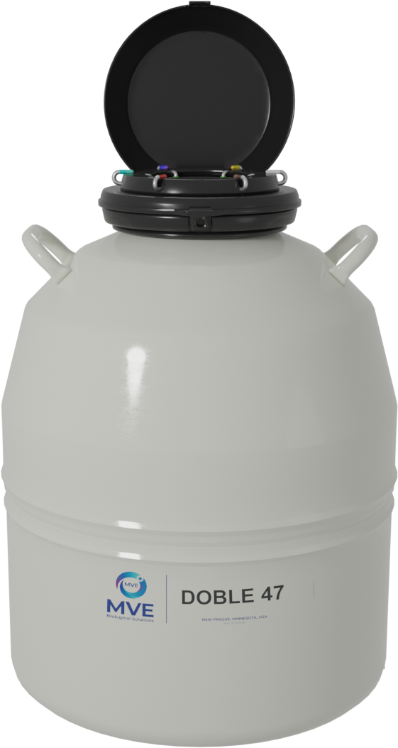 The MVE Doble 47-10 by Chart/MVE is a large white cryogenic liquid dewar with two side handles, a black lid, and the MVE logo on the front. It stores up to 3500 straws in 10 canisters for advanced nitrogen storage needs.
