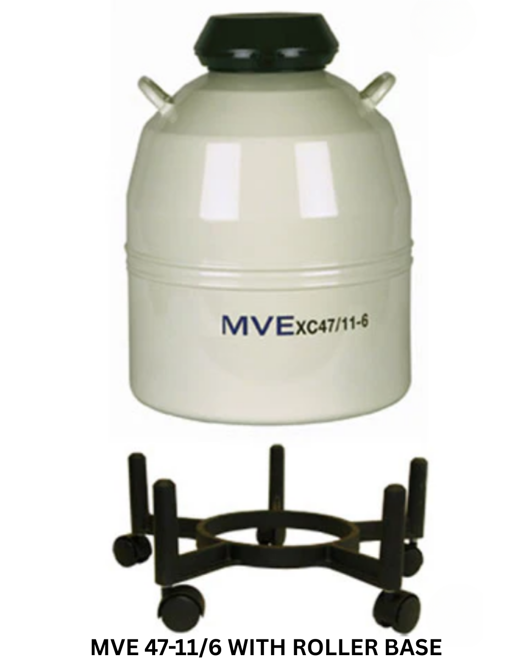 A Chart/MVE XC 47-11/6 liquid nitrogen tank (holds 4500 1/2 cc straws) with black roller base is shown. Text: MVE XC 47-11/6 with Roller Base and Five-Year Vacuum Warranty. SHIPS FREE.