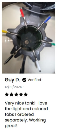 Overhead view of the Chart/MVE XC 20 Signature liquid nitrogen tank—round, black and gray with six colored tabs. A 5-star review highlights its top quality and secure semen storage for up to 660 straws over 20 weeks.