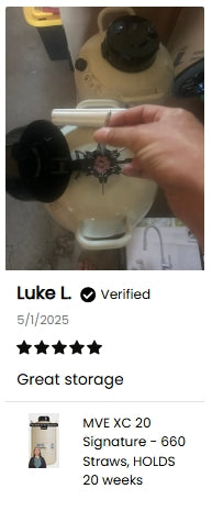 A hand places an item into the Chart/MVE MVE XC 20 Signature, the world’s best-selling tank (660 straws, 20-week hold, 5-year vacuum warranty). Luke L. rates it five stars: “Great storage.” Ideal for semen storage.
