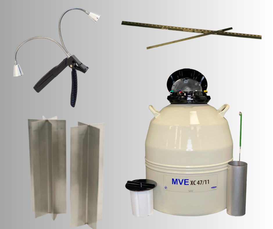 The Semen Tanks - Select Genetics MVE 47-11-6 cryogenic storage tank is shown with 6 slot dividers, a tank light, metal canisters, forceps with lights, rulers, and a measuring stick—all on a gradient background. Five Year Vacuum Warranty.