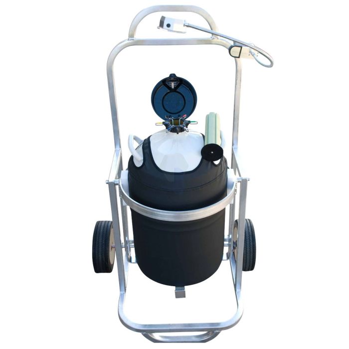 The Semen Tanks - Select Genetics MVE XC 20 Signature Tank and Cryotipper Package Deal features a black and white cylindrical tank with a blue lid, mounted on a wheeled silver cart, and includes hose, gauge, and five-year vacuum warranty.