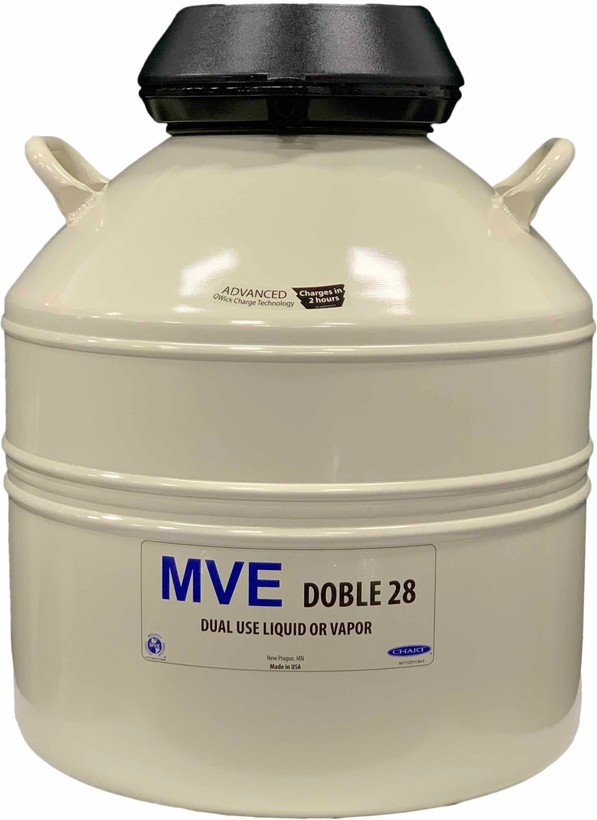 A robust Chart/MVE Doble 28 dewar with handles and a black lid, labeled for liquid or vapor shipping. This insulated container holds up to 2400 straws and comes with a three-year vacuum warranty. Manufacturer’s label included.
