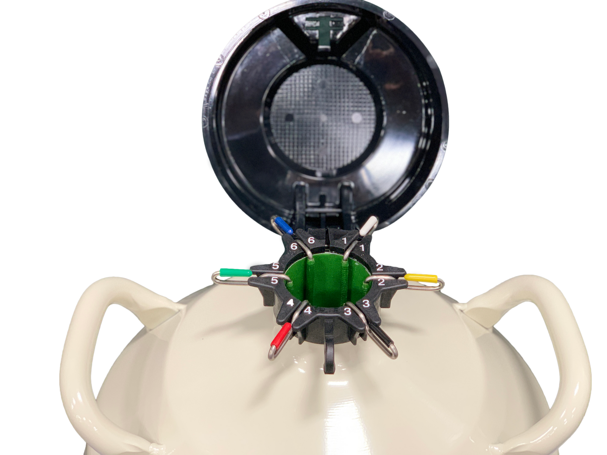 A close-up of an open Chart/MVE MVE XC 20 Signature liquid nitrogen tank, the world's best-selling model, showing numbered metal slots and colored tags for organizing semen samples. Holds 660 straws for 20 weeks; includes a five-year vacuum warranty.