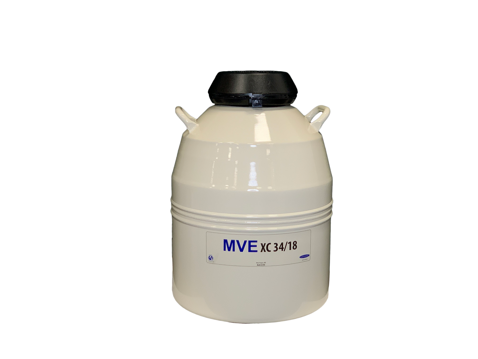 The Chart/MVE XC 34/18 Storage Tank features a white design with a black lid and two handles. It holds 2,100 straws for up to 18 weeks and comes with a five-year vacuum warranty.