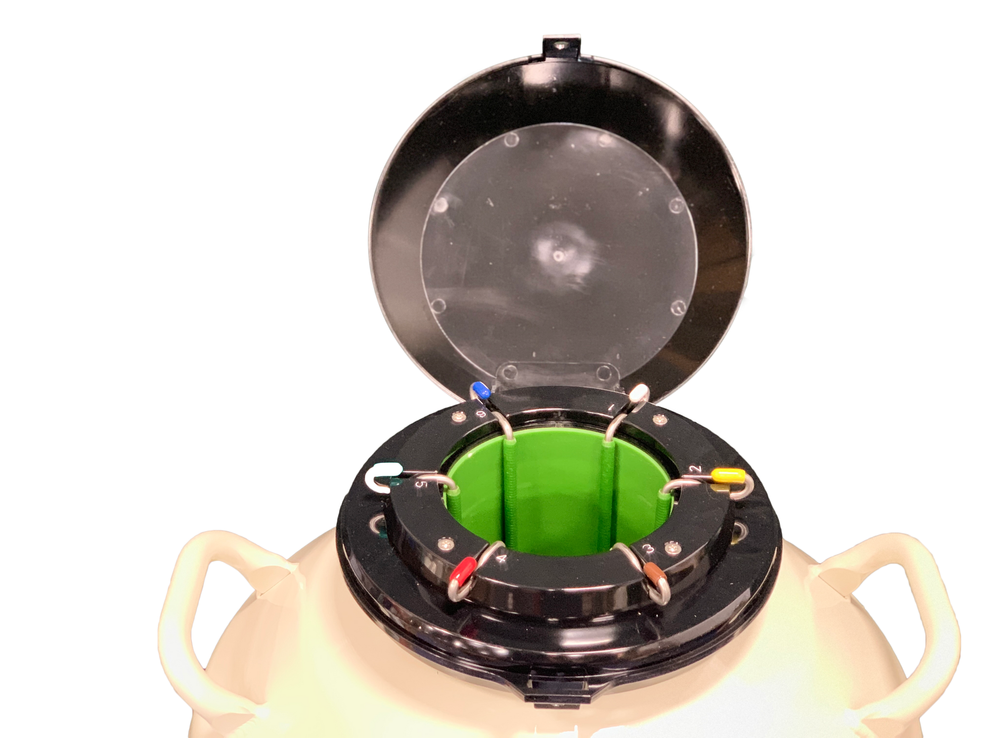 The Chart/MVE MVE XC 47/11_6 cryogenic storage tank for liquid nitrogen, shown with its black lid open to reveal a green interior and colored sample hooks, holds 4500 straws for up to 11 weeks—ideal for labs. Five-year vacuum warranty included.