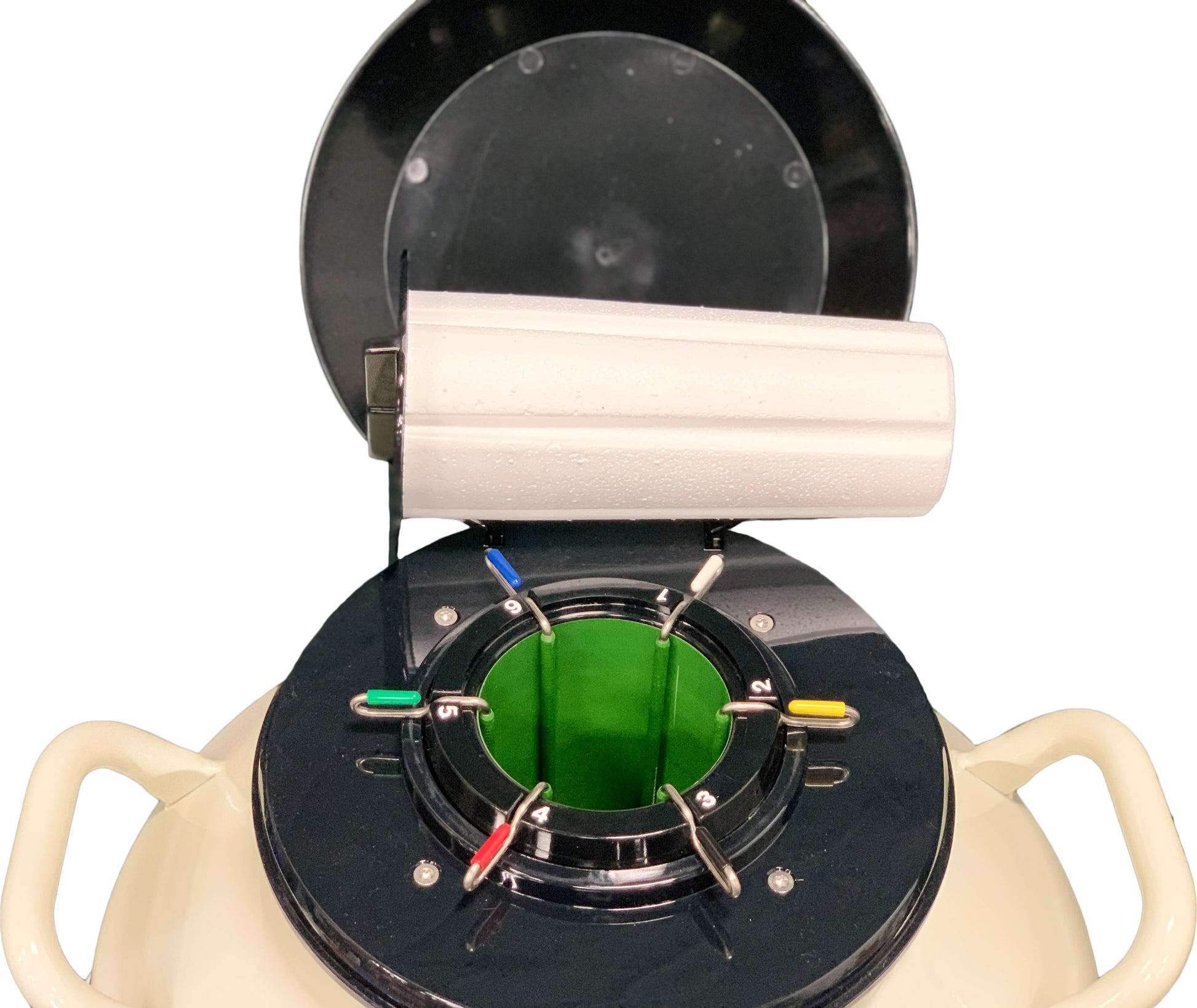 A close-up of the Chart/MVE MVE XC 34/18 Storage Tank, which holds 2,100 straws for up to 18 weeks. The tank has labeled metal slots, color-coded caps, two handles, a partially open lid and comes with a five-year vacuum warranty.