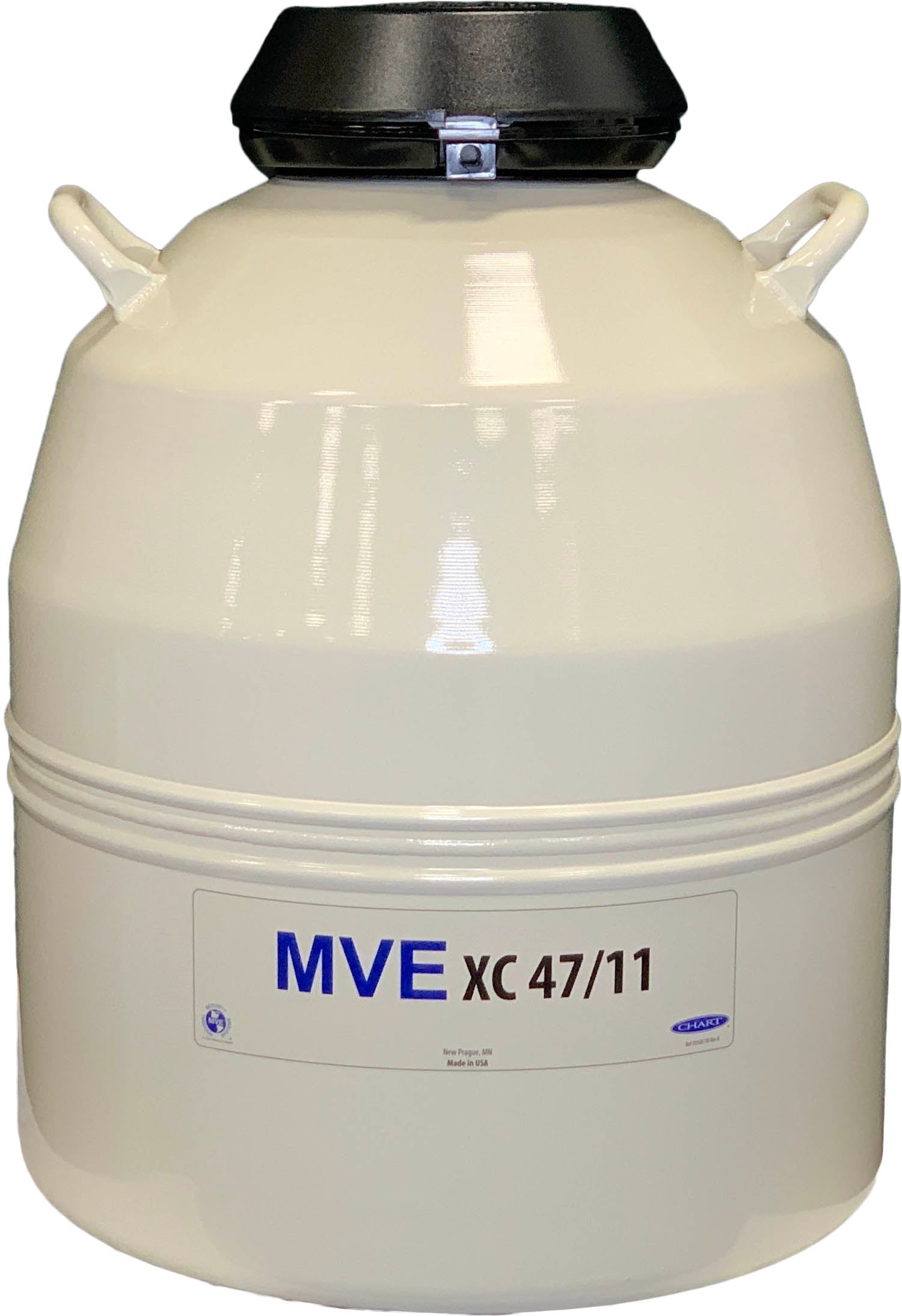 The Chart/MVE XC 47/11_6 storage tank holds up to 4,500 straws, provides 11 weeks of liquid nitrogen storage, and includes a five-year vacuum warranty. Features include two top handles and a black lid for cryogenic material storage.