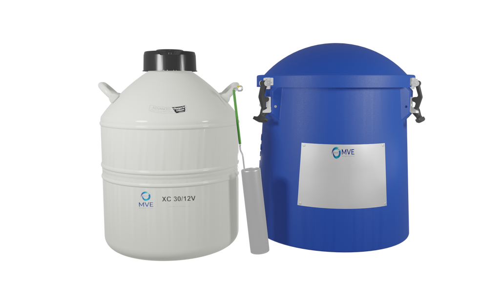 A white Chart/MVE XC 30/12 V liquid nitrogen tank (holds up to 312 straws, three-year vacuum warranty) with handles and lid stands next to a blue MVE Protective Shipping Container; both display MVE logos, and a metal dipper hangs from the tank.