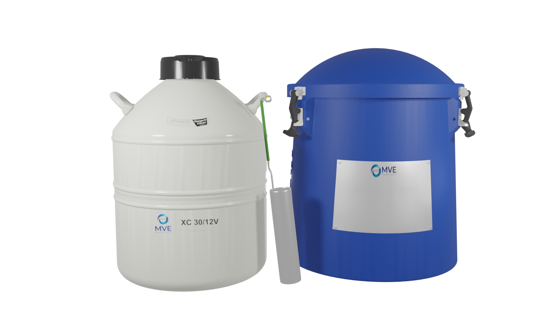 A white Chart/MVE XC 30/12 V liquid nitrogen tank (holds up to 312 straws, three-year vacuum warranty) with handles and lid stands next to a blue MVE Protective Shipping Container; both display MVE logos, and a metal dipper hangs from the tank.