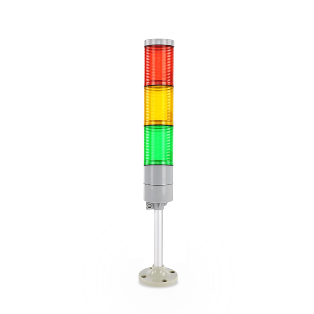 The Semen Tanks - Select Genetics CRYO-ALERT FLOOR SCALE with Weight Indicator, shown on a white background, features three stacked signal lights—red, yellow, and green—mounted on a silver pole with round base; ideal for tank alarm systems.