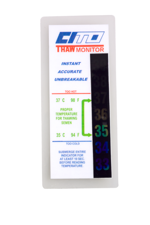 The SEK Thaw Monitor features a liquid crystal temperature indicator with color-changing values in both Celsius and Fahrenheit, showing the ideal range for thawing semen.