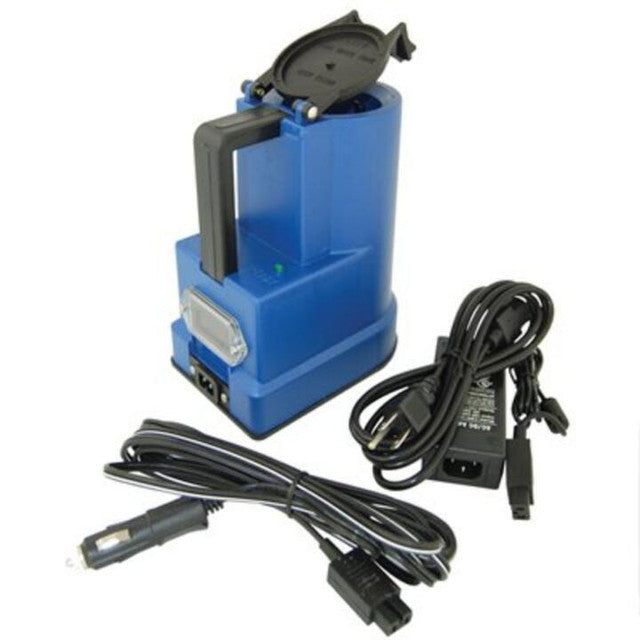 The RR CITO Thaw Unit_Digital_Dual Voltage 12V/120V features a blue design with a black handle, flip-top cover, built-in flashlight, and comes with a power adapter and two black charging cables.