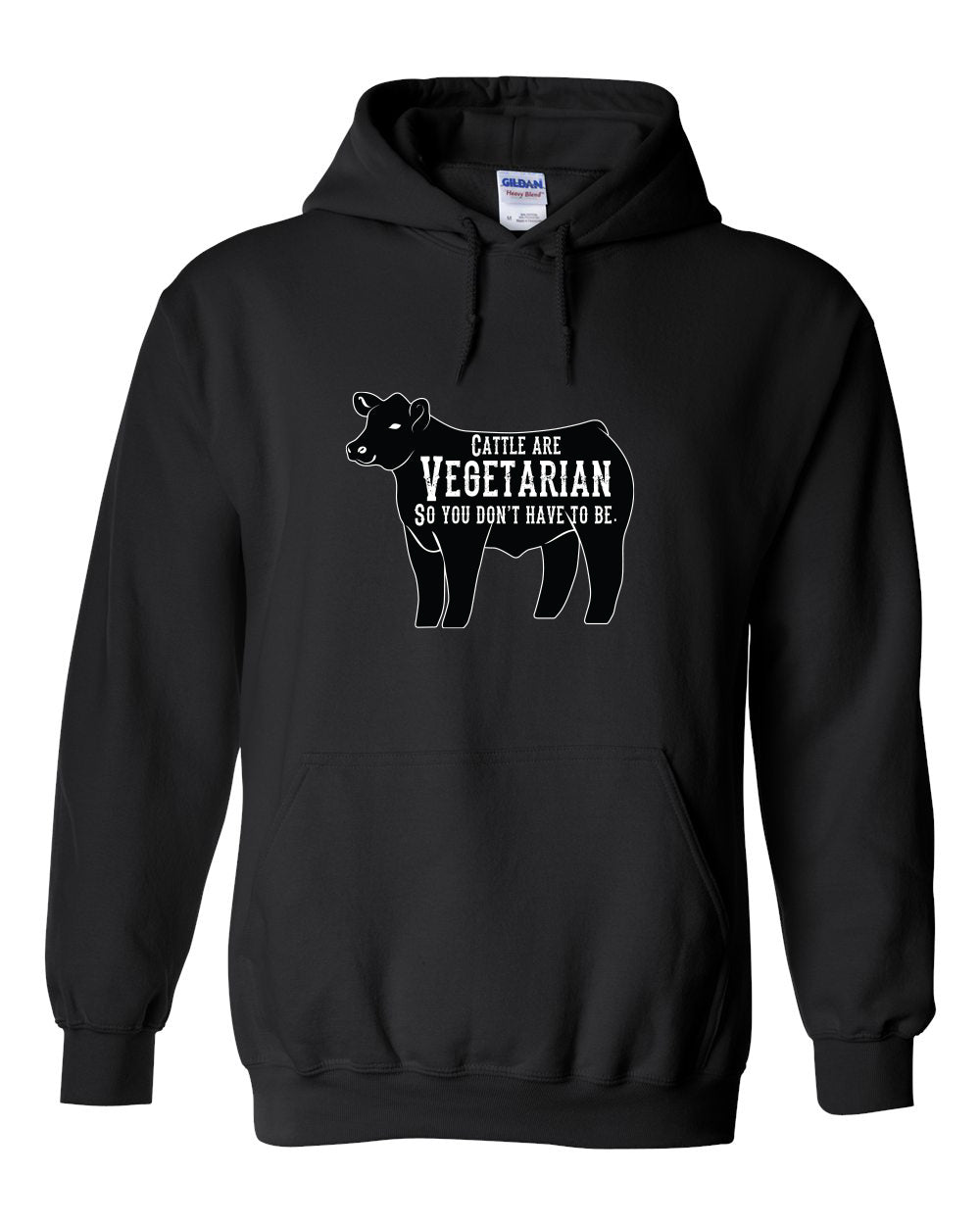 The Vegetarian Hoodie by Semen Tanks - Select Genetics is a black hoodie with a white cow outline and the phrase Cattle are vegetarian so you dont have to be. Great for anyone with a humorous take on plant-based diets.