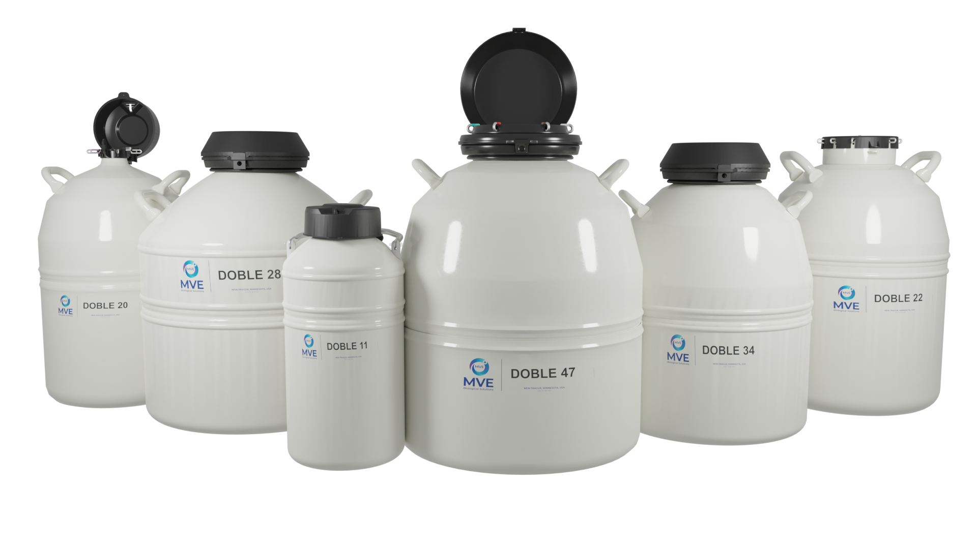 Six white MVE Doble 47-6 cryogenic dewars from Chart/MVE are grouped together, lids open to reveal dark interiors. Each tank holds up to 4,500 straws and features a three-year vacuum warranty—ideal for vapor shipping.