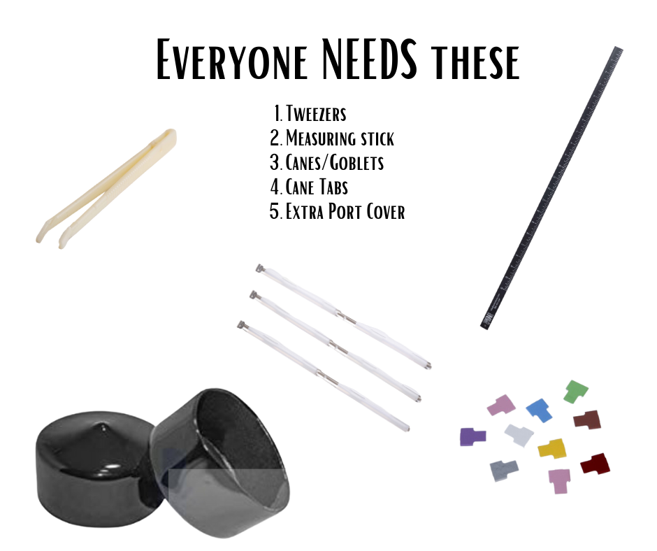 A graphic titled EVERYONE NEEDS THESE ACCESSORIES TO WORK THEIR TANK by Semen Tanks - Select Genetics shows tweezers, a measuring stick, three white canes, a vacuum port cap, two black port covers, colorful cane tabs, and a numbered list on white.