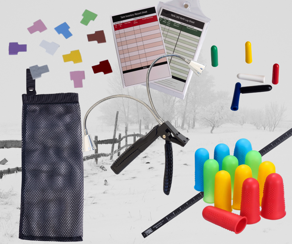 The Semen Tanks - Select Genetics ACCESSORY PACKAGE includes colored ear tags, record sheets with clips, a mesh pouch, tag applicator, measuring tapes and stick, fingertips protector, markers, and calving markers for cattle management.