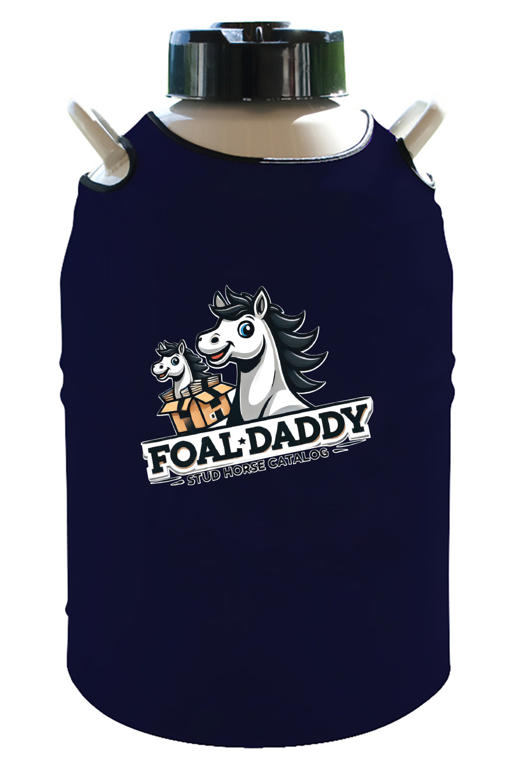 A dark blue tank top from SG with a cartoon logo of a smiling adult horse and foal, reading FOAL DADDY STUD HORSE CATALOGS—perfect for horse lovers to personalize! Named The Original Tank Top - THESE ARE SIMPLY BEAUTIFUL!.