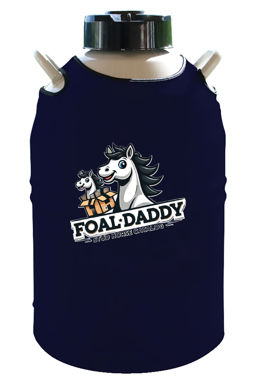 A dark blue tank top from SG with a cartoon logo of a smiling adult horse and foal, reading FOAL DADDY STUD HORSE CATALOGS—perfect for horse lovers to personalize! Named The Original Tank Top - THESE ARE SIMPLY BEAUTIFUL!.