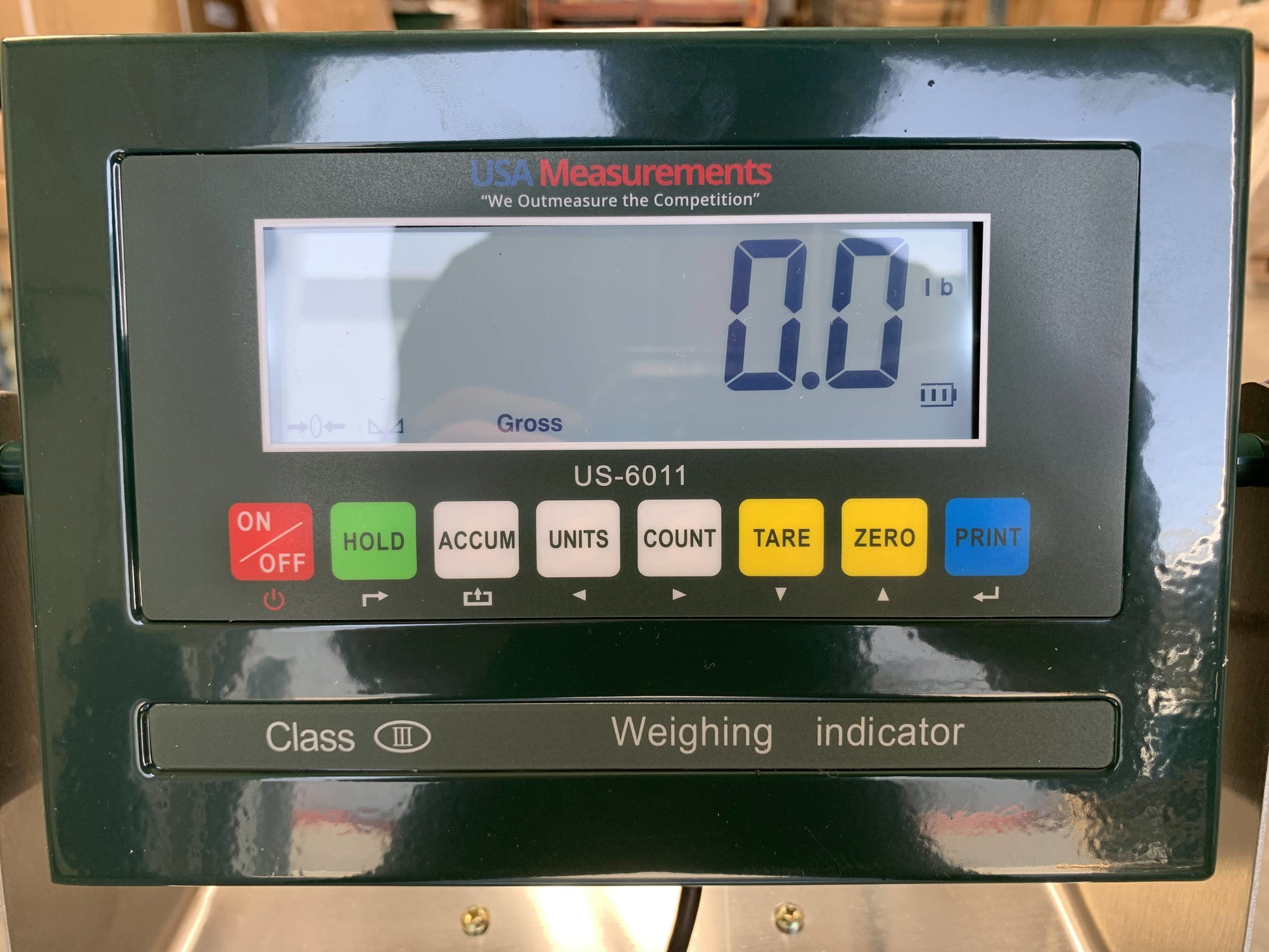 A close-up of the Semen Tanks - Select Genetics Bench Cryo-Alert Scale 24"x24" (90 lbs) with US-6011 Indicator WITH STACKLIGHT shows 0.0 lb and control buttons: ON/OFF, HOLD, ACCUM, UNITS, COUNT, TARE, ZERO, and PRINT below the display.