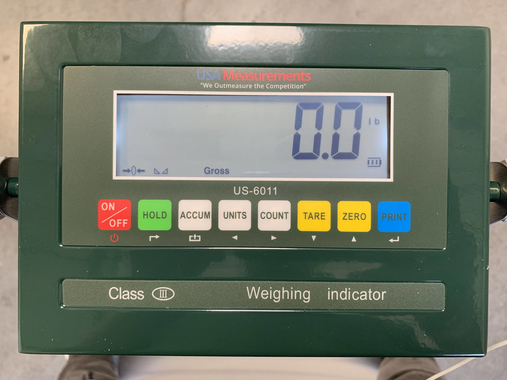 The Bench Cryo-Alert Scale 24"x24" by Semen Tanks - Select Genetics includes a US-6011 Indicator WITH STACKLIGHT (90 lbs), featuring ON/OFF, HOLD, ACCUM, UNITS, COUNT, TARE, ZERO, PRINT buttons—ideal for tank alarm system setups.