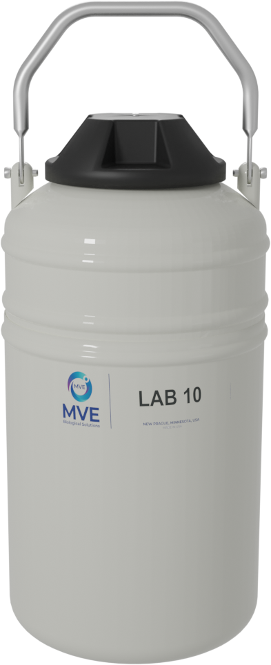 The MVE Lab 10 by Chart/MVE is a white cryogenic liquid dewar with a black lid, silver handle, and MVE logo on the front. It comes with a five-year manufacturers warranty.