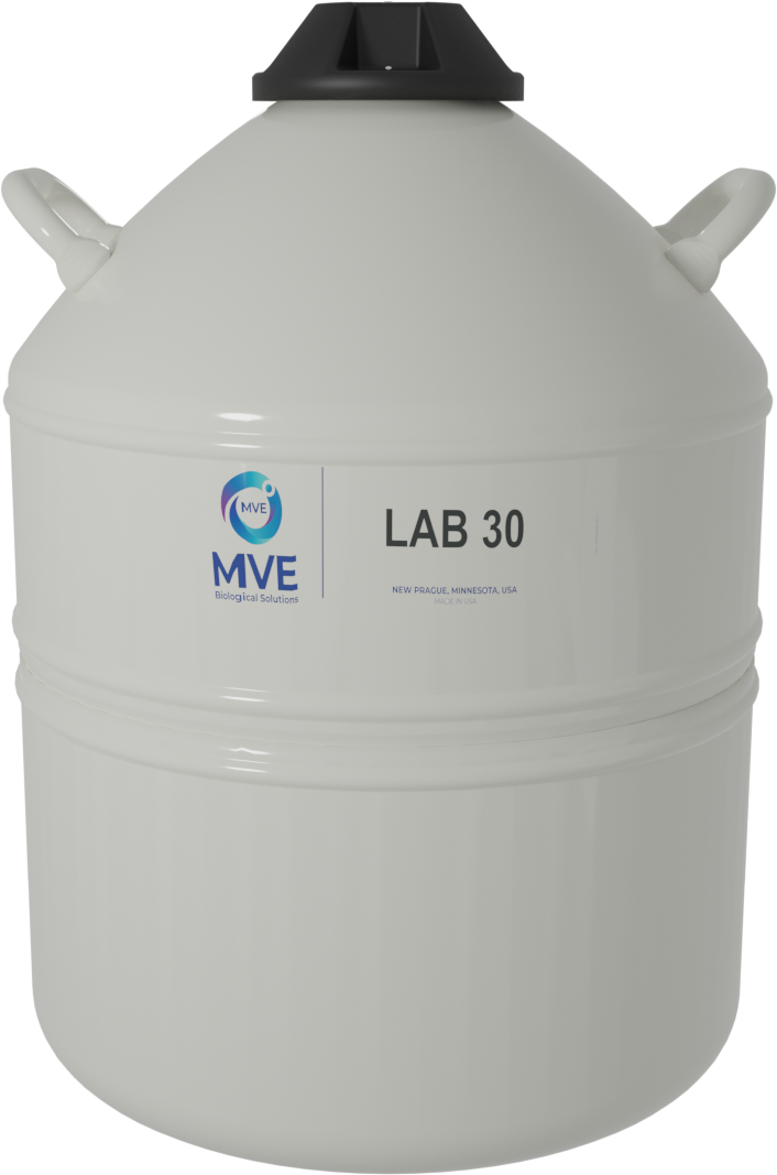 The Chart/MVE Lab 30 cryogenic storage tank, labeled “MVE Biological Solutions,” features a rounded white body with a black conical lid and side handles—ideal for liquid nitrogen. Includes five-year manufacturer’s warranty.