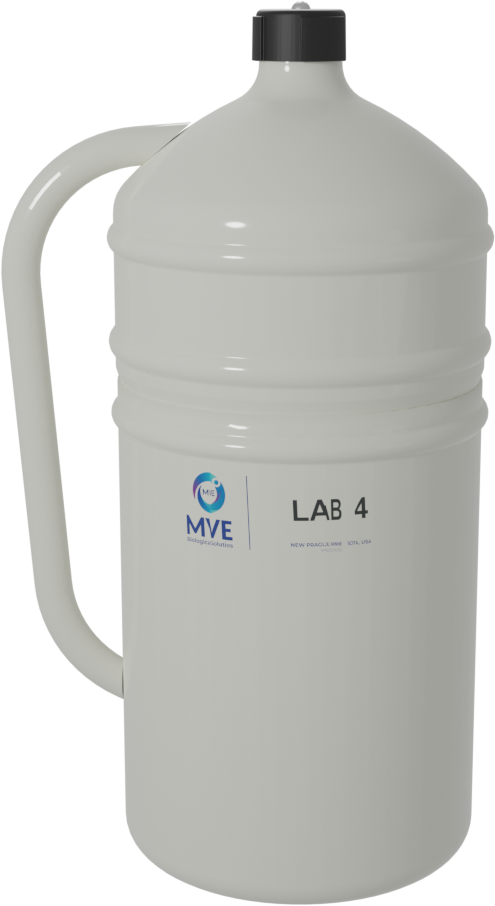 The Chart/MVE Lab 4 is a large white cryogenic container with a handle, labeled LAB 4 and an MVE logo, ideal for liquid nitrogen storage in labs. It comes with a five-year manufacturers warranty.