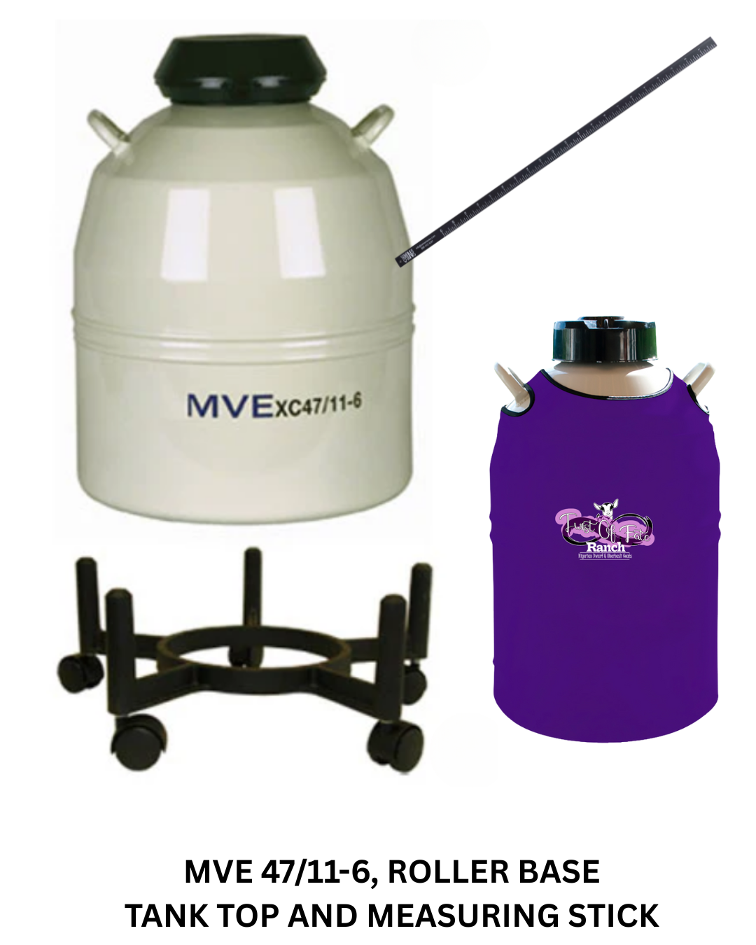 A Chart/MVE 47-11-6 tank with black lid, 11 canisters, long measuring stick, black roller base with wheels, and purple Ranch cover featuring a horse. Includes: MVE 47-11-6, Roller Base + Measuring Stick + Tank Top.