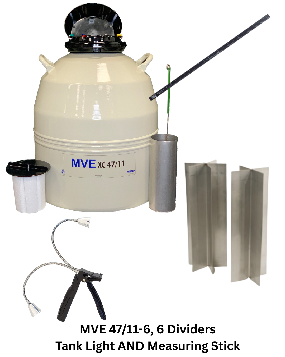 A Semen Tanks - Select Genetics MVE 47-11-6 is shown with 6 metal dividers, tank light, canister, basket, and measuring stick. The labeled tank and accessories are displayed. Five Year Vacuum Warranty and flat fee shipping available.
