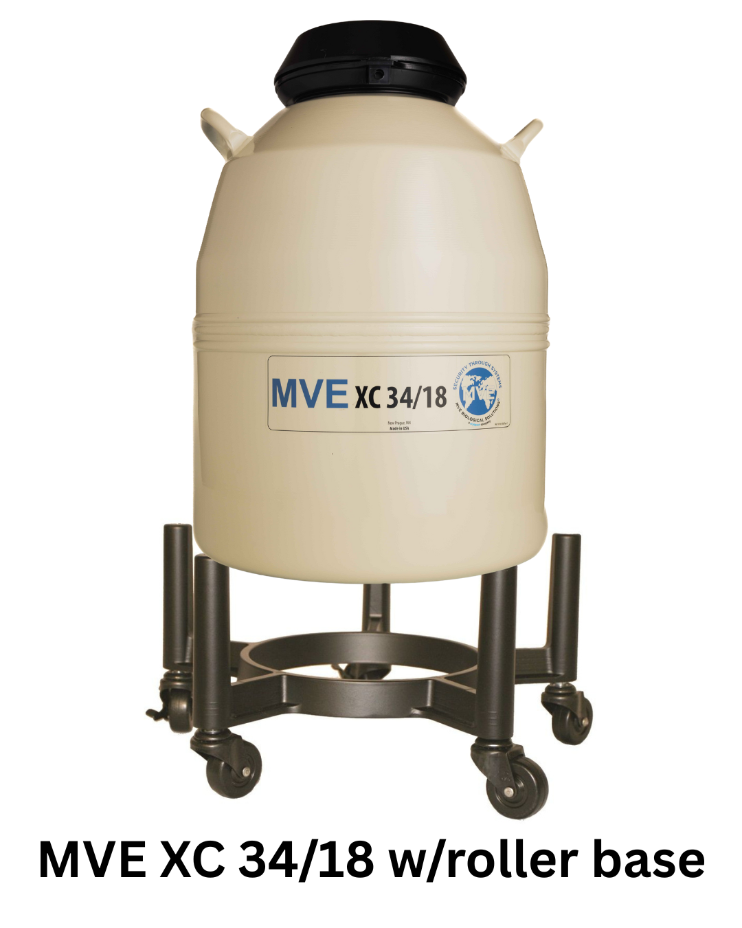 The Chart/MVE XC 34/18 Storage Tank Plus Roller Base holds 2,100 straws for 18 weeks. It features a black lid and metal roller base. Label and blue logo are visible. Includes five-year vacuum warranty.
