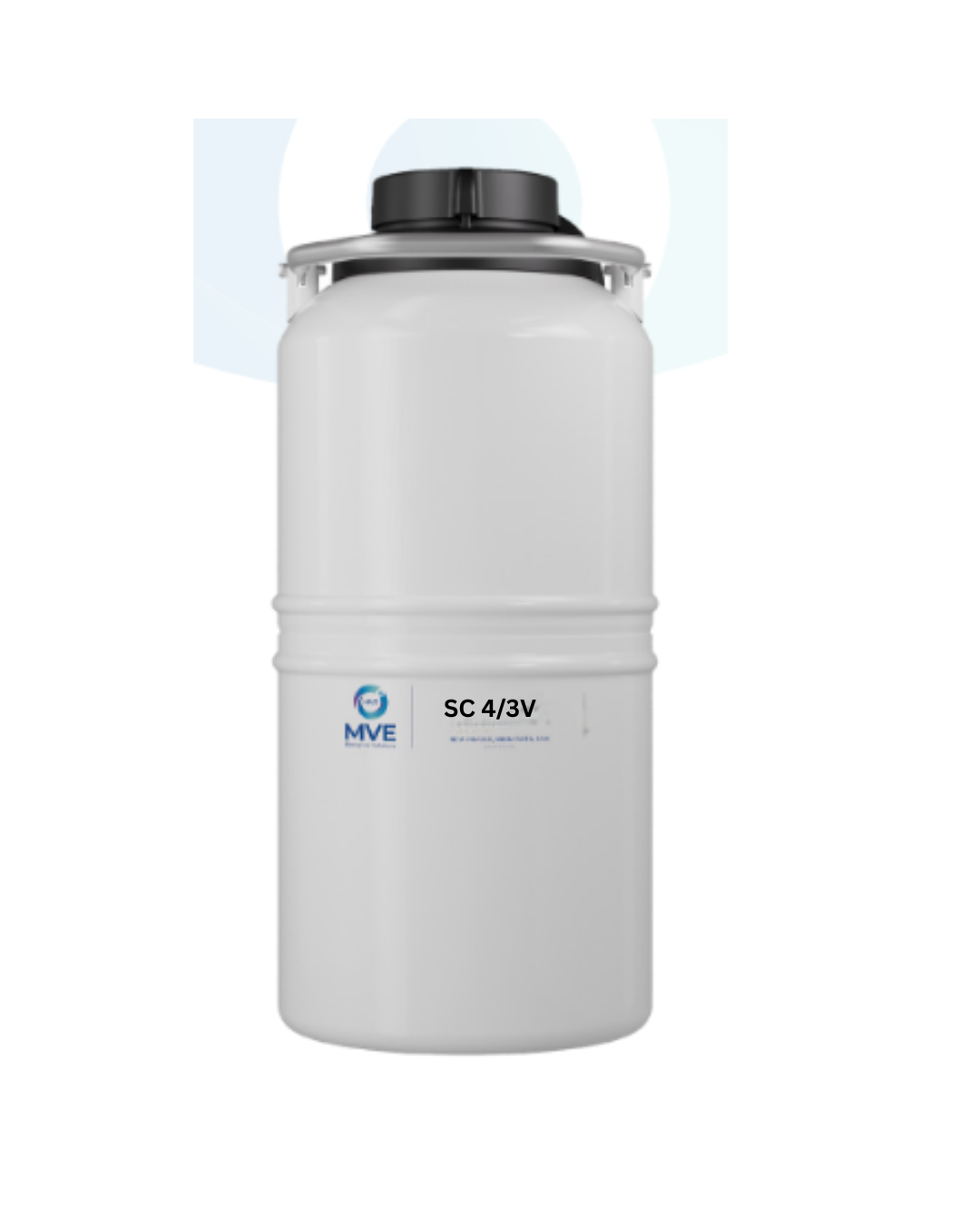 The MVE SC 4/3V NEXT GENERATION by Chart/MVE, a large white vapor shipper for cryogenic or biological transport (holds 120 straws for 26 days, 3-year vacuum warranty), is shown with a black lid against a plain white background.