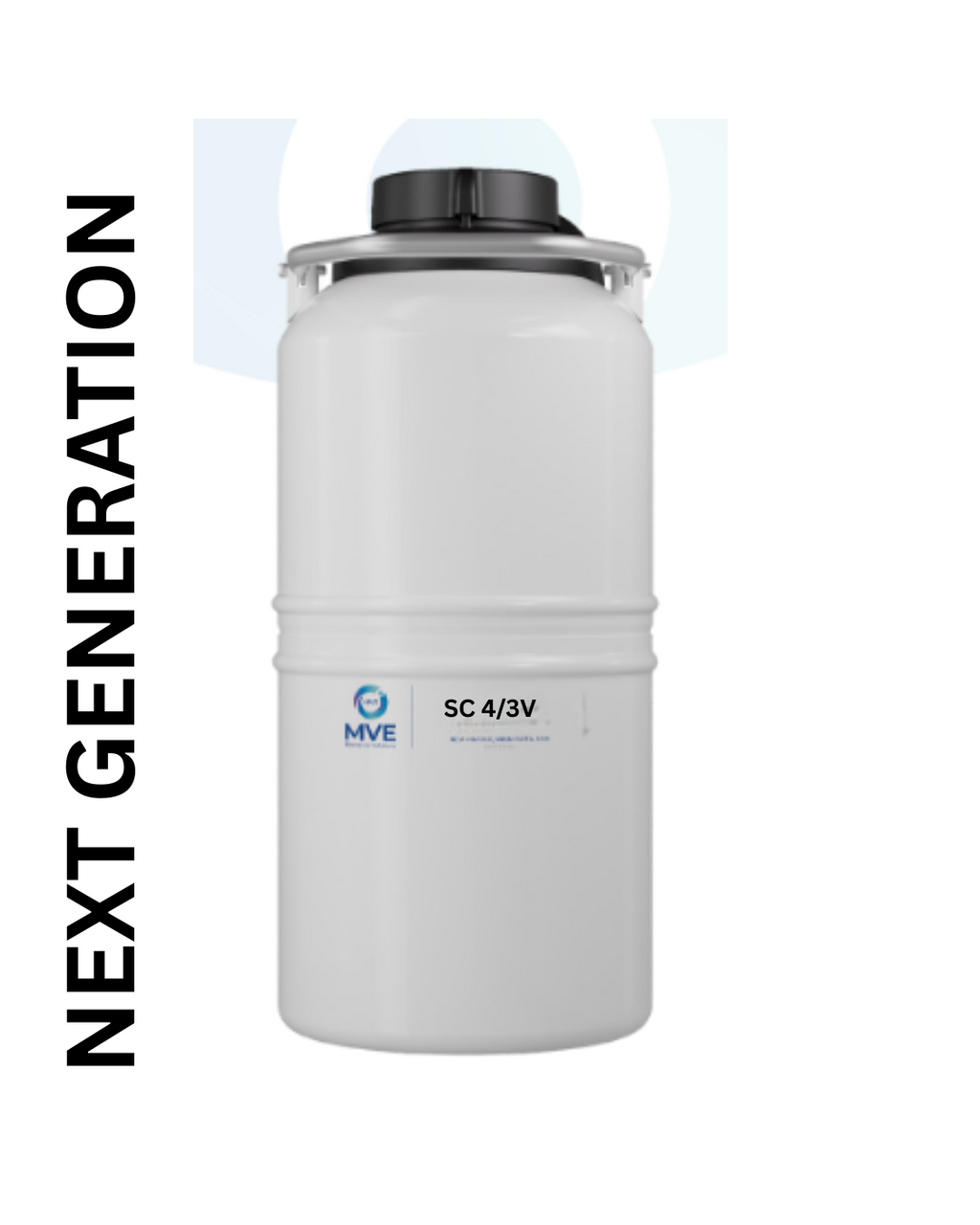 The Chart/MVE SC 4/3V NEXT GENERATION MODEL cryogenic storage tank, with a black lid and bold NEXT GENERATION label, stores 120 straws for 26 days and features a three-year vacuum warranty—ideal for biological sample transport.
