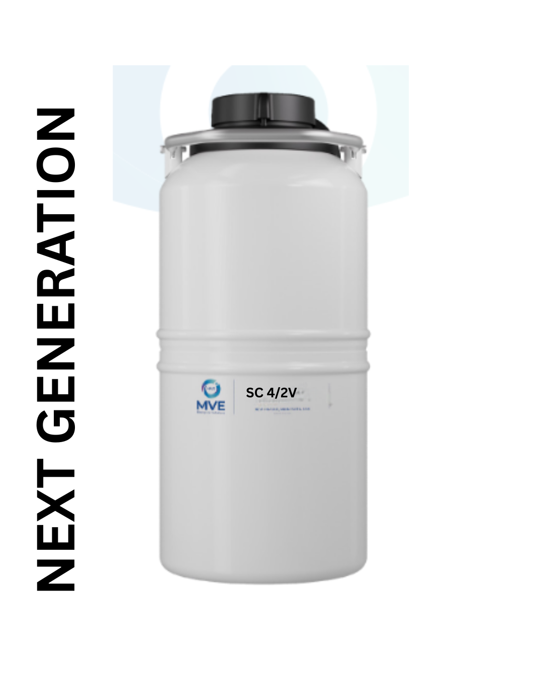 A white Chart/MVE cryogenic storage tank labeled “MVE SC 4/2V - NEXT GENERATION MODEL” with a black lid is centered on a white background, highlighting its capacity for 280 straws for 19 days and a three-year vacuum warranty.