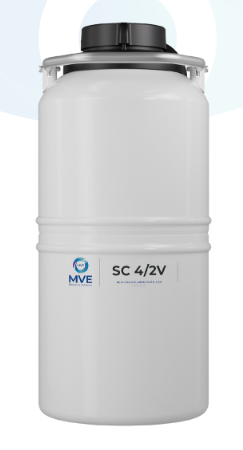 The Chart/MVE MVE SC 4/2V - Next Generation Model safely stores up to 280 straws for 19 days and is ideal for liquid nitrogen or vapor shipping of biological samples; includes a 3-year vacuum warranty.