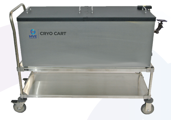The MVE Cryo Cart by Semen Tanks - Select Genetics is a large, rectangular stainless steel cart with wheels, handle, storage shelf, and closed lid—ideal for safely transporting cryogenic samples in biorepositories.