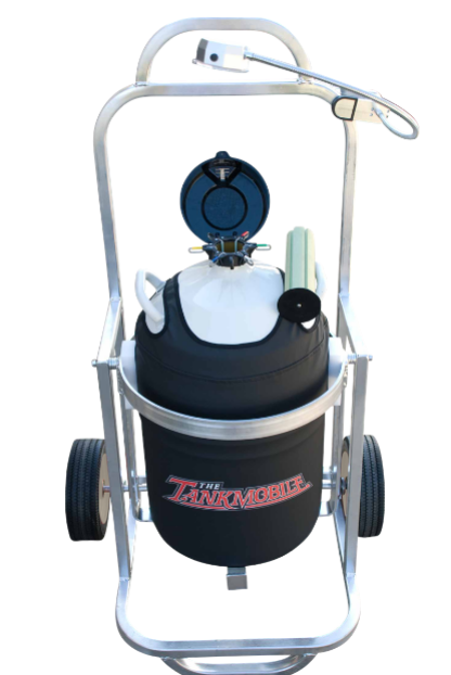 The Chart/MVE CryoTipper is a mobile cryogenic aluminum LN2 tank with a handle, two large wheels, black protective cover, open lid, and CryoTipper accessories, standing out against the white background.