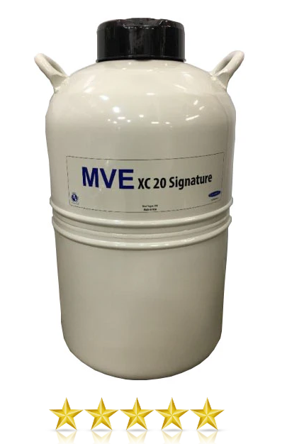 The Chart/MVE XC 20 Signature Tank Package Deal, featuring a white tank with a black lid and side handles, is pictured. Five gold stars below highlight its five-star rating and five-year vacuum warranty. Includes your choice of blank or printed tank top.