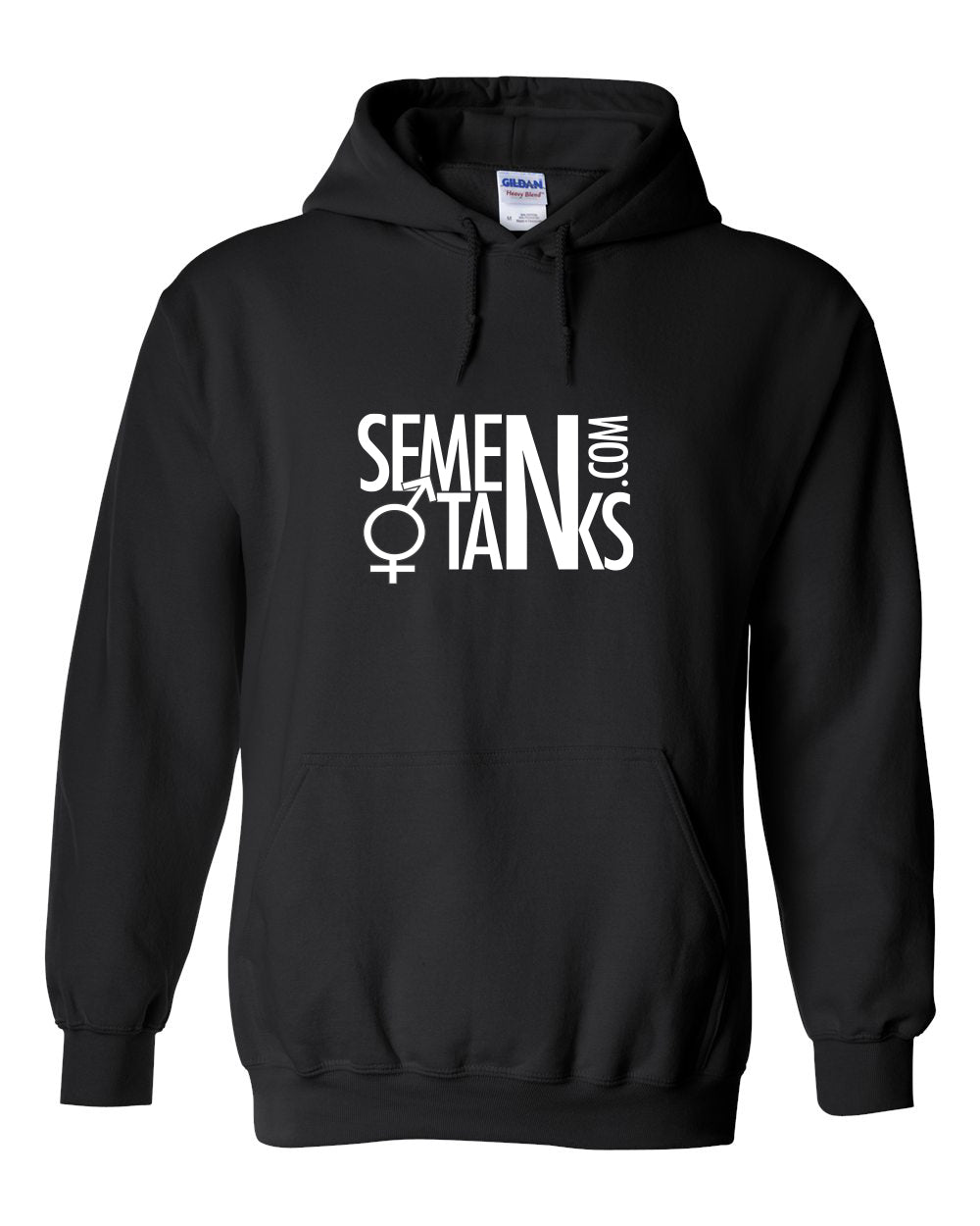 The Black SemenTanks.Com hoodie by Semen Tanks - Select Genetics features bold white front lettering with a female gender symbol before the T in TANKS, making it a roomy, comfortable, and eye-catching conversation starter.