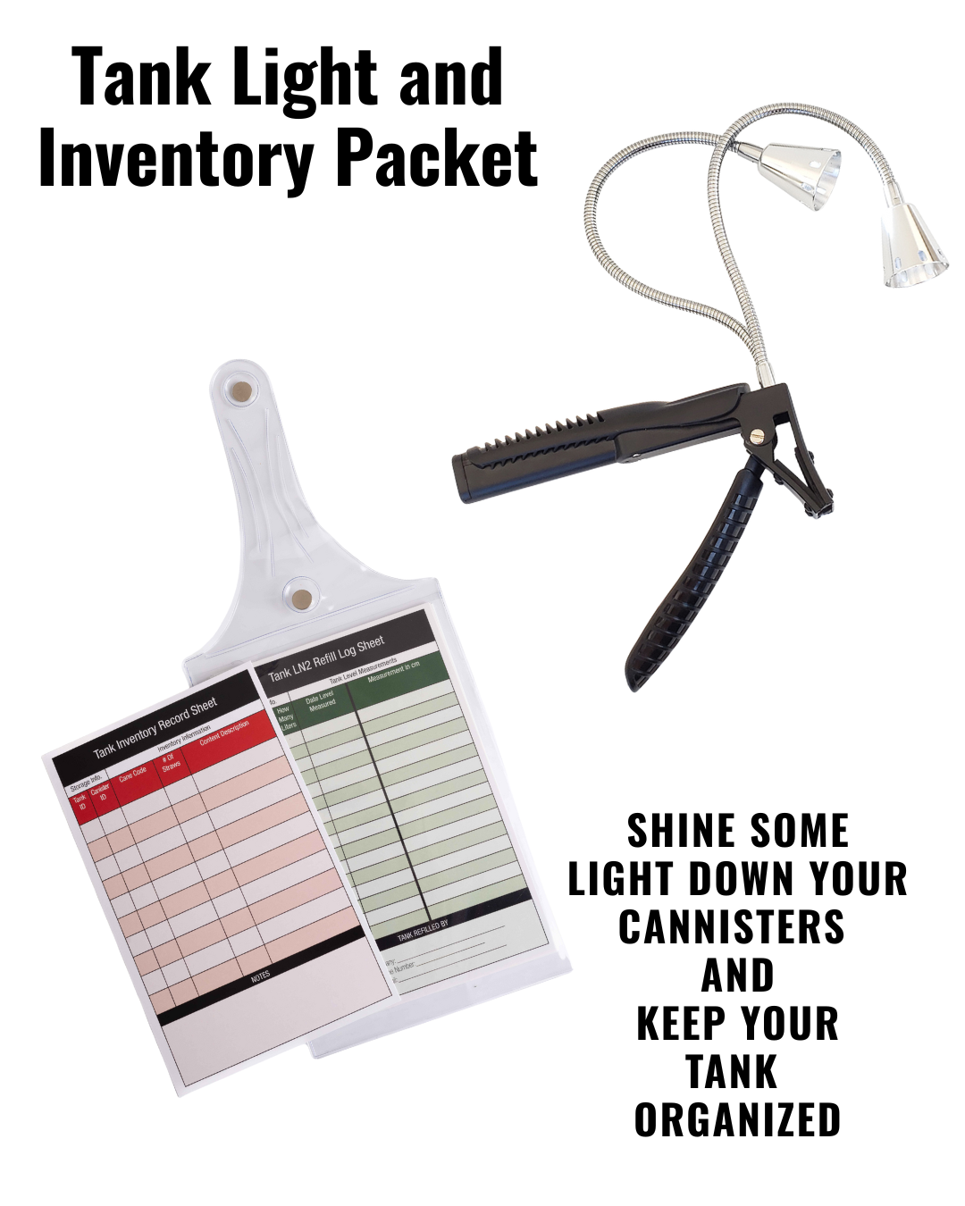 The Semen Tanks - Select Genetics Tank Light and Inventory Packet includes an adjustable clip-on aquarium tank light and two inventory log sheets in a handled plastic sleeve to help organize your tank.