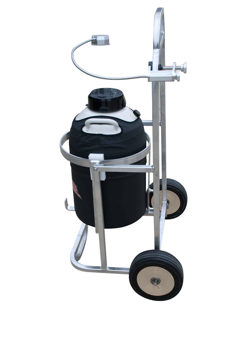 The Chart/MVE CryoTipper is a portable LN2 dewar tank on a metal cart with two large wheels, handle, black cover, and flexible transfer hose—ideal for easy transport and use with the CryoTipper system.