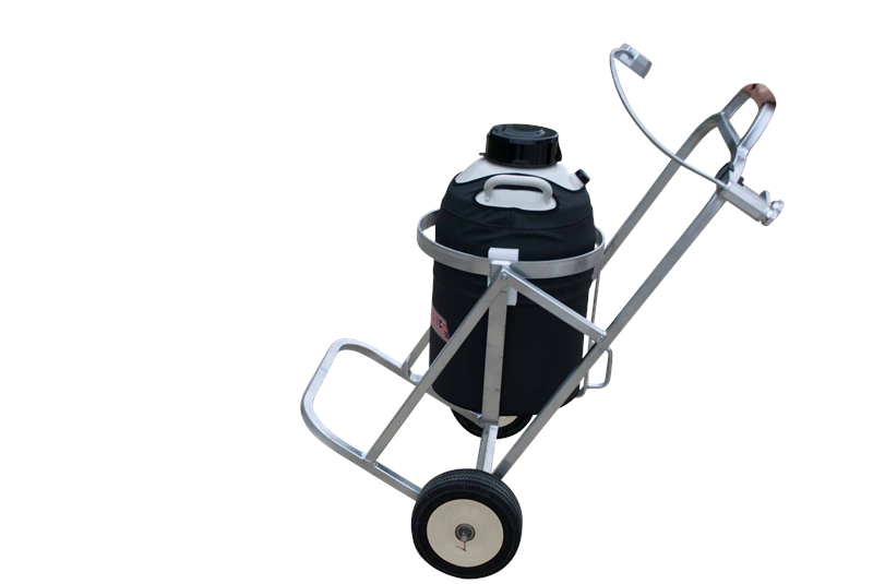 The Chart/MVE CryoTipper is a portable metal cart with two wheels, built for easy transport of LN2 or cryogenic aluminum tanks, and features a black insulated water cooler with a white lid.
