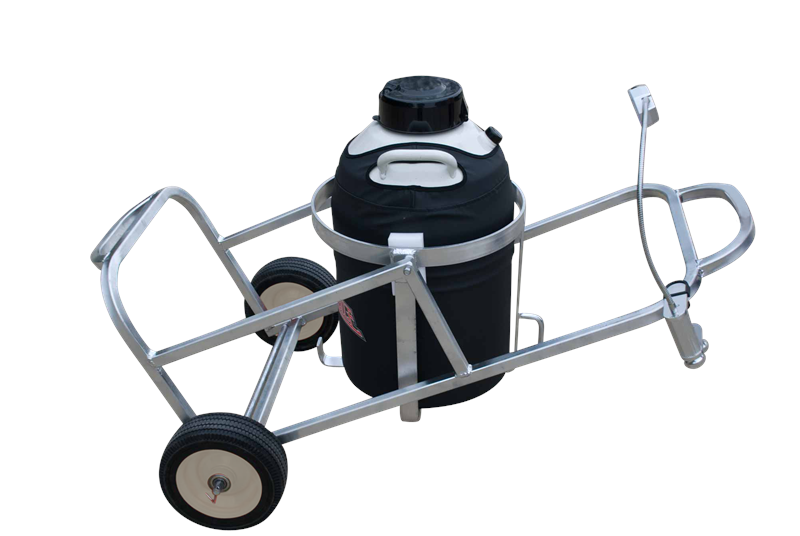 The Chart/MVE CryoTipper is a large insulated aluminum cryogenic tank on a wheeled cart with handle, featuring two big rear wheels and a front wheel for easy LN2 transport and maneuverability.