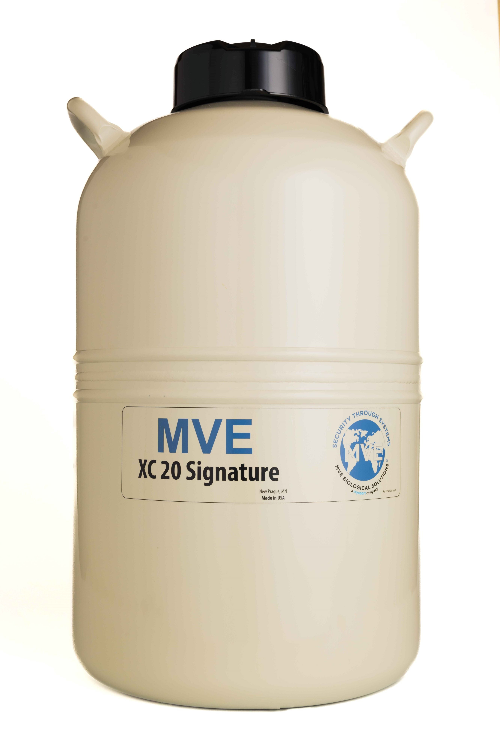 The Chart/MVE XC 20 Signature Tank Package Deal includes a large off-white storage tank with two side handles, a black lid, and “MVE XC 20 Signature” plus a blue globe logo on the label. Includes both the XC 20 tank and tank top.