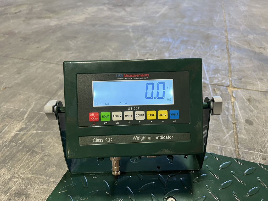 The CRYO-ALERT FLOOR SCALE Weight Indicator and Stack Light by Semen Tanks - Select Genetics displays 0.0 lb on a blue-lit screen, featuring Hold, Accum, Units, Count, Tare, Zero, Print, and On/Off buttons—ideal for tank scales and alarm systems (110 lbs max).