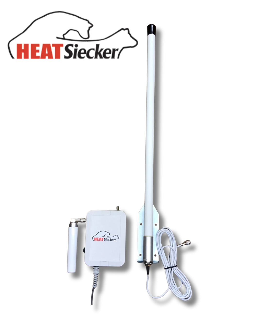 A white HEATSIECKER Antenna ONLY by Semen Tanks - Select Genetics, featuring a long vertical antenna for efficient cow heat detection. Ideal for livestock monitoring; animal outline logo above the brand name.