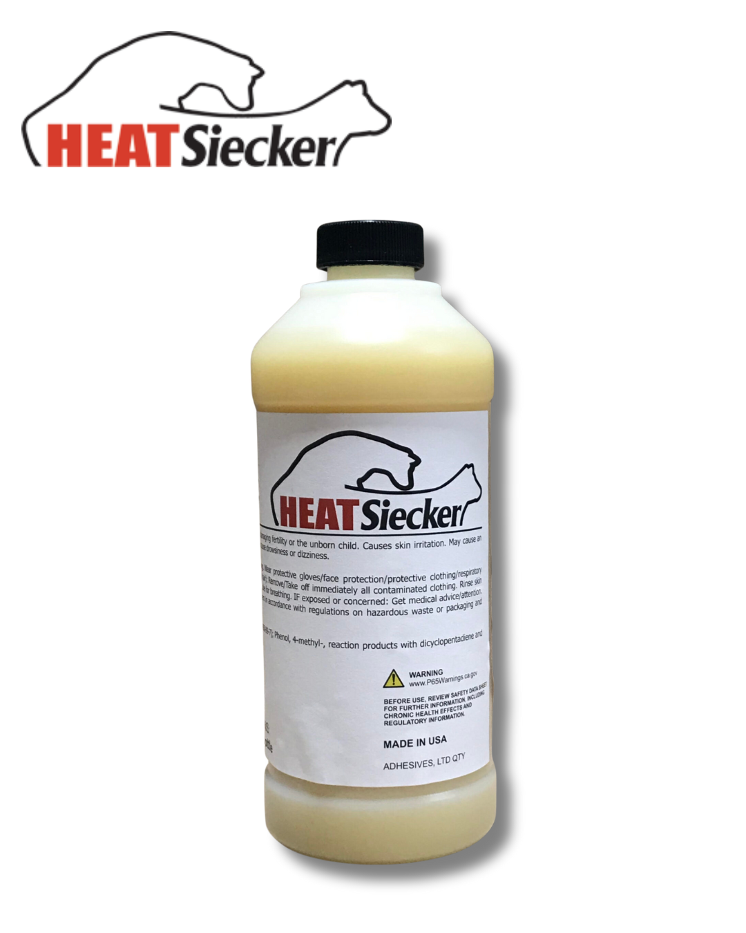 A bottle of HEATSIECKER _ Glue ONLY by Semen Tanks - Select Genetics, a yellow liquid with a black cap. The label shows a black horse outline, product name, cow heat detection instructions, hazard warnings, and Made in USA text. Logo above bottle.