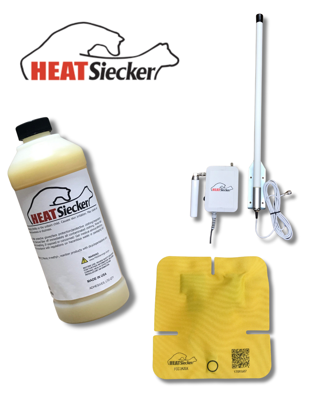 The HEATSIECKER FULL KIT by Semen Tanks - Select Genetics, featuring antenna, glue, and patches, is displayed under the logo with a stylized animal outline, showcasing this advanced heat detection system.