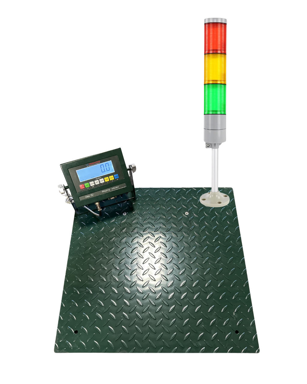 The Semen Tanks Select Genetics CRYO-ALERT Floor Scale weighs 110 lbs, features a diamond plate platform, digital weight indicator, and a stack light with red, yellow, and green signals—ideal for semen tanks or tank alarm systems.